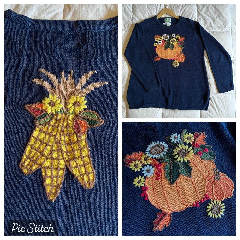Vtg Quacker Factory Embroidered Sweater Women M Pumpkin Fall Autumn Harvest Navy